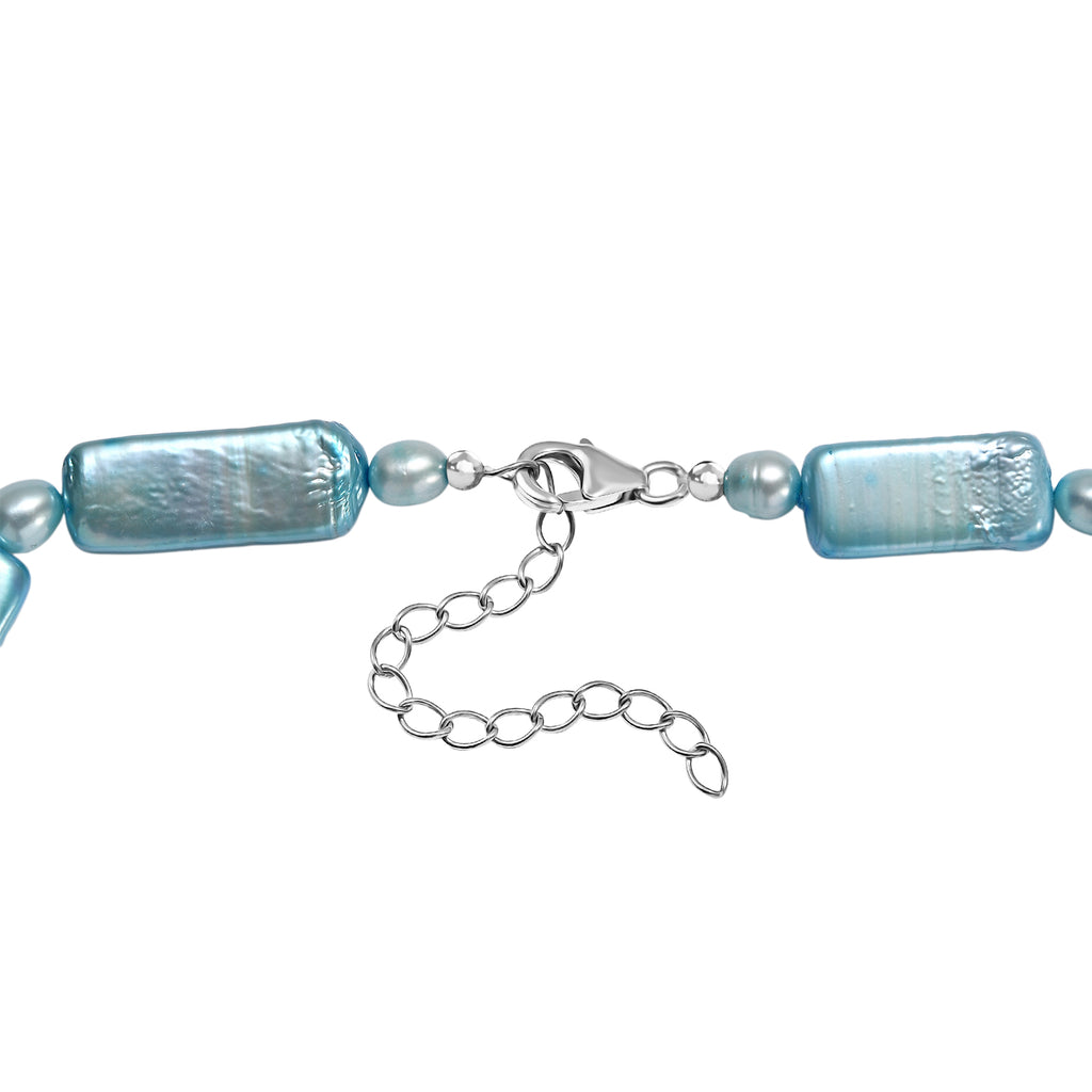 Gefärbte Süßwasserzuchtperlen Halskette, Ovalform, ca. 45 cm, 925 Silber rhodiniert, blau