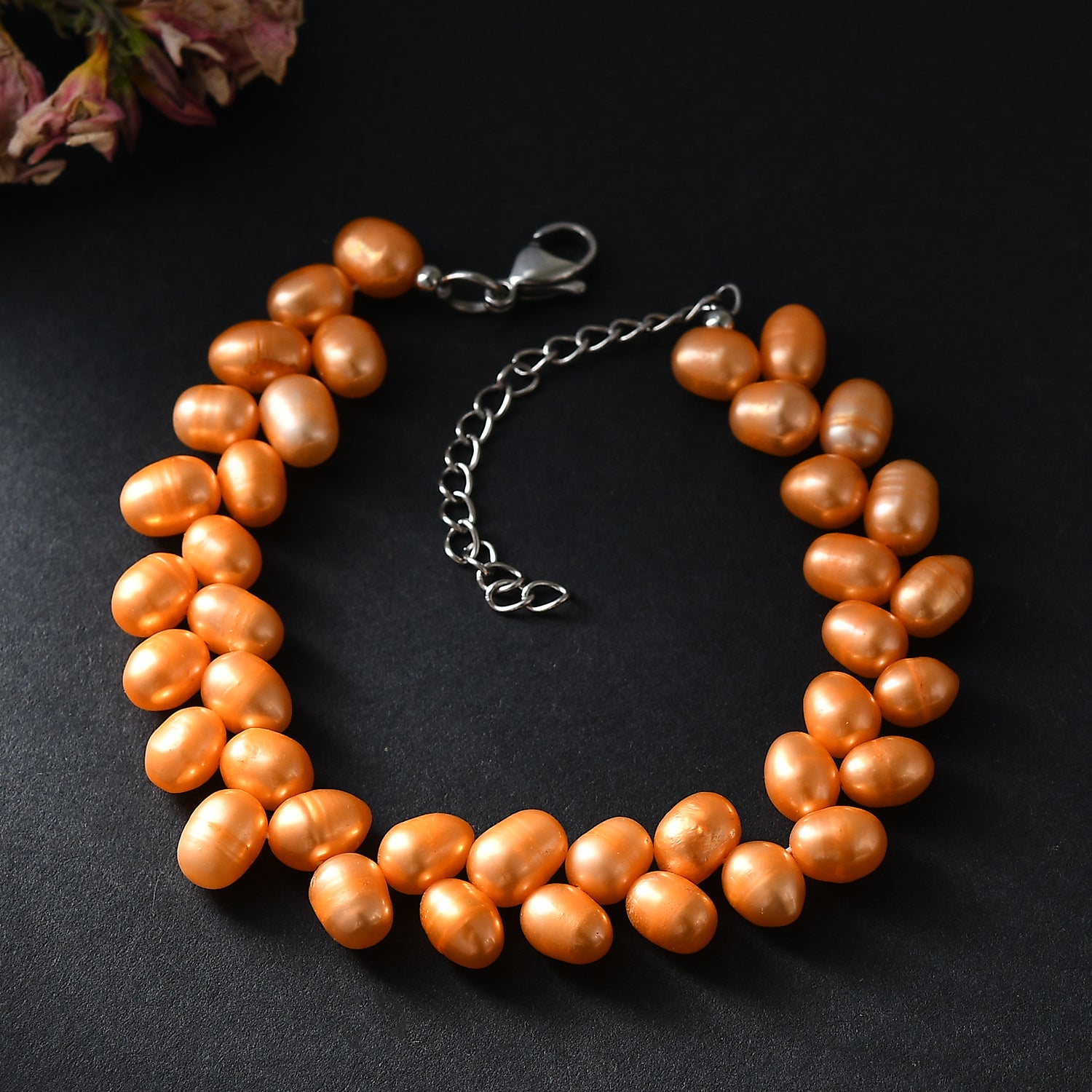 Süßwasserperlen-Armband, orange gefärbt, Tropfenform, ca. 19 cm, Edelstahl