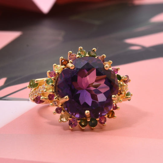 AA Afrikanischer Amethyst, Mehrfarbig-Turmalin Ring 925 Silber Gelbgold Vermeil (Größe 20.00) ca. 10,91 ct