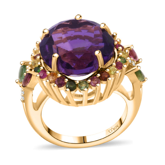 AA Afrikanischer Amethyst, Mehrfarbig-Turmalin Ring 925 Silber Gelbgold Vermeil (Größe 20.00) ca. 10,91 ct
