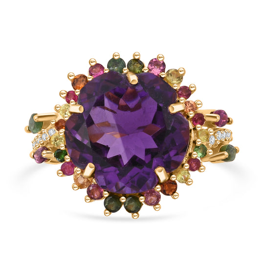 AA Afrikanischer Amethyst, Mehrfarbig-Turmalin Ring 925 Silber Gelbgold Vermeil (Größe 20.00) ca. 10,91 ct