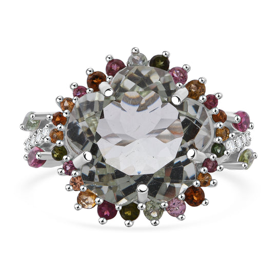 AA Prasiolith, Mehrfarbig-Turmalin Ring 925 Silber rhodiniert (Größe 21.00) ca. 11,38 ct