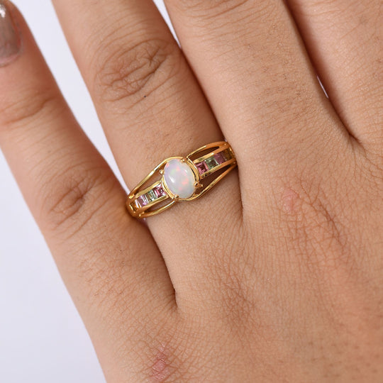 AA Natürlicher, äthiopischer Welo Opal, Mehrfarbiger-Turmalin Ring, 925 Silber vergoldet (Größe 20.00) ca. 0.95 ct