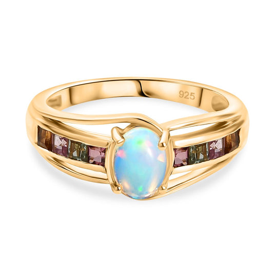 AA Natürlicher, äthiopischer Welo Opal, Mehrfarbiger-Turmalin Ring, 925 Silber vergoldet (Größe 20.00) ca. 0.95 ct