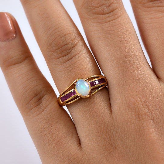AA Natürlicher, äthiopischer Welo Opal, Afrikanischer Rubin (Fissure gefüllt) Ring 925 Silber vergoldet (Größe 20.00) ca. 1,09 ct