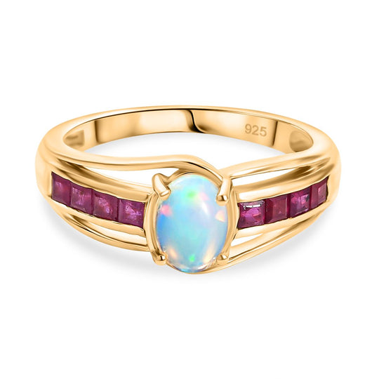 AA Natürlicher, äthiopischer Welo Opal, Afrikanischer Rubin (Fissure gefüllt) Ring 925 Silber vergoldet (Größe 20.00) ca. 1,09 ct