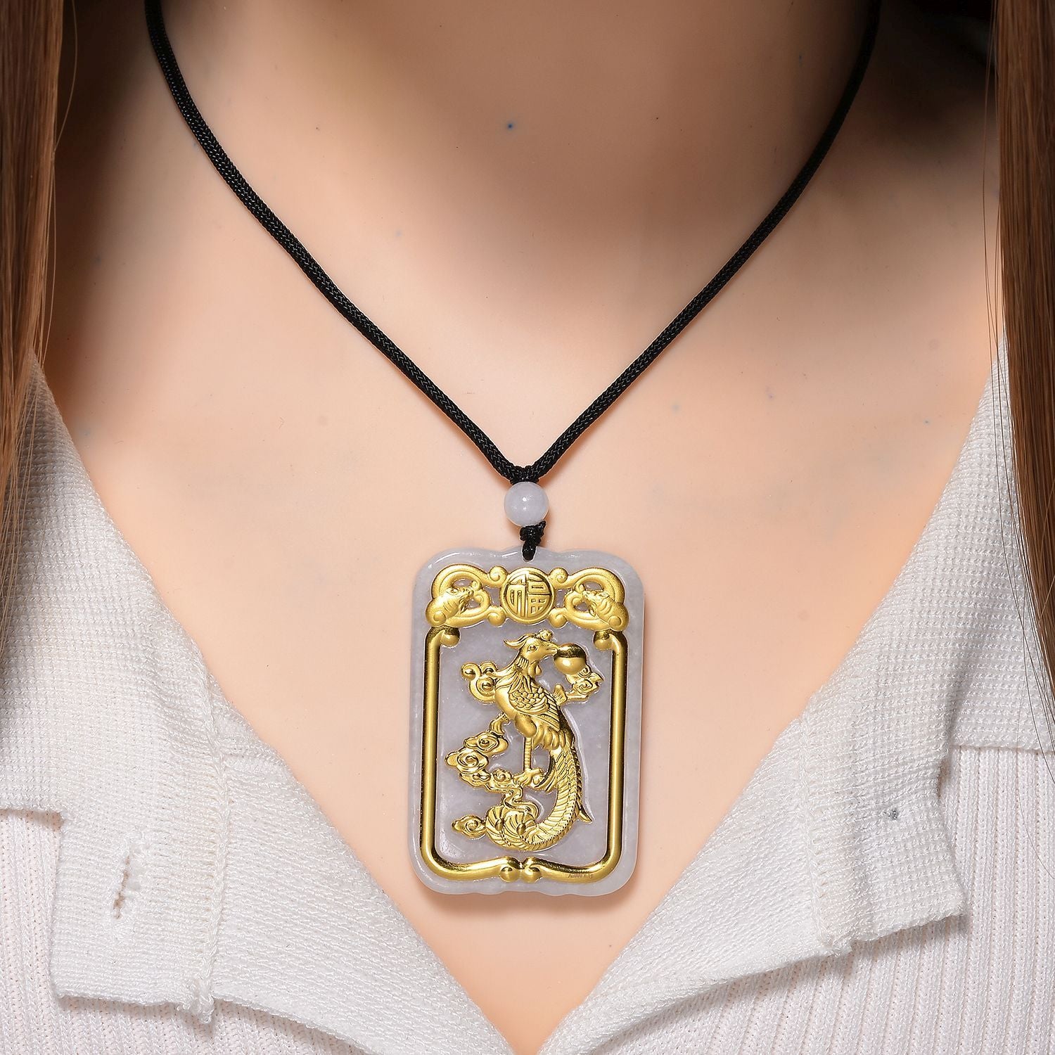 EXTREM SELTEN Natürliche Weiße Jade, 999er Gold Phoenix, Flexibles kette ca. 70 cm, ca. 125.00 ct