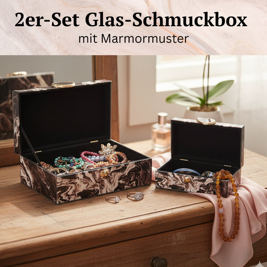 Set aus 2 Schmuckkästchen mit Marmor-Design aus Glas, Samtfutter, ca. 28 x 18 x 10 cm und 21 x 12 x 7 cm, Creme-Marmor