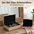 2er-Set Glas-Schmuckbox mit Marmormuster, 28x18x10cm (L) und 21x12x7cm (S), Crème