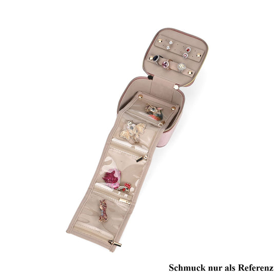 Kompakte Reise-Schmuckbox aus Samt mit 4 Reißverschlussfächern, 12x12x7 cm, Schwarz