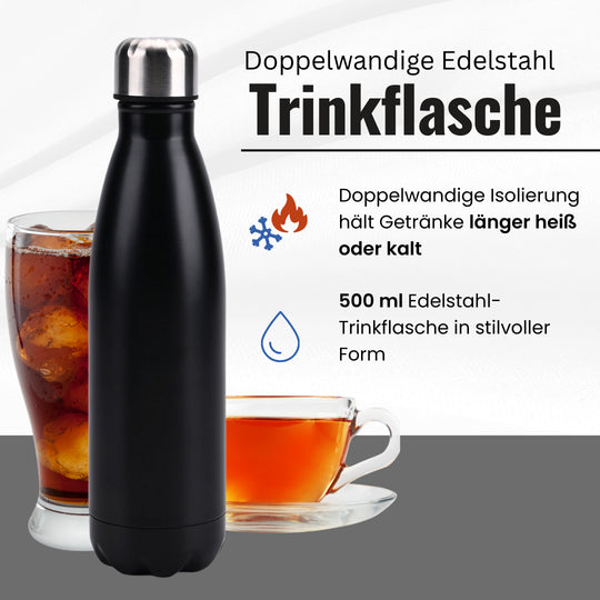 Doppelwandige Edelstahl-Trinkflasche, 500 ml, Schwarz