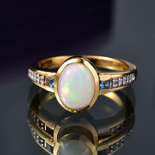 D’joy Natürlicher, äthiopischer Welo Opal, Ceylon-Saphir Ring 925 Silber vergoldet (Größe 18.00) ca. 1,87 ct