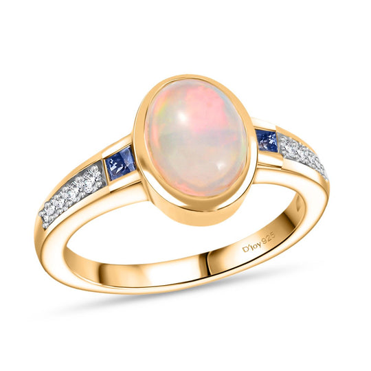 D’joy Natürlicher, äthiopischer Welo Opal, Ceylon-Saphir Ring 925 Silber vergoldet (Größe 18.00) ca. 1,87 ct