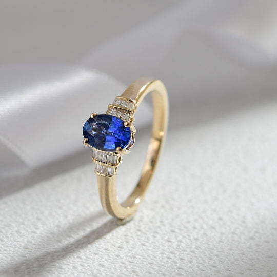 AAA Ceylon-Saphir, Weißer Diamant Ring 585 Gold (Größe 20.00) ca. 1,05 ct