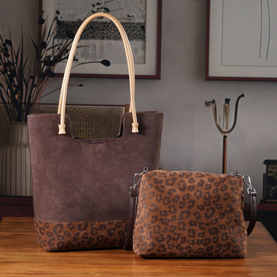 2er-Set Echtleder-Taschen, Shopper und Umhängetasche mit Leopardenmuster und unifarbenem Kontrast, Dunkelkaffee