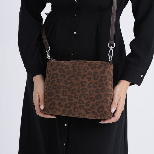 2er-Set Echtleder-Taschen, Shopper und Umhängetasche mit Leopardenmuster und unifarbenem Kontrast, Dunkelkaffee
