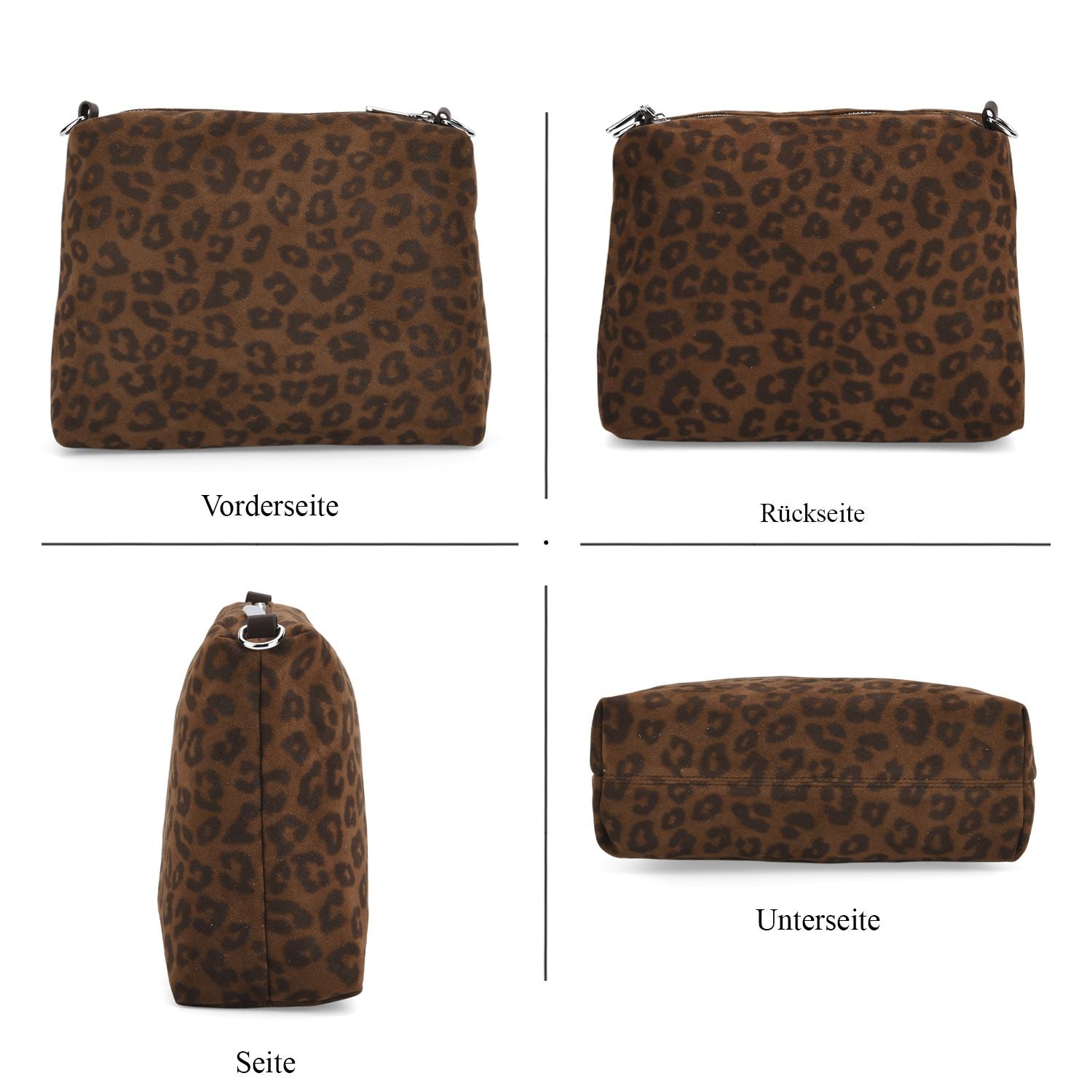 2er-Set Echtleder-Taschen, Shopper und Umhängetasche mit Leopardenmuster und unifarbenem Kontrast, Dunkelkaffee