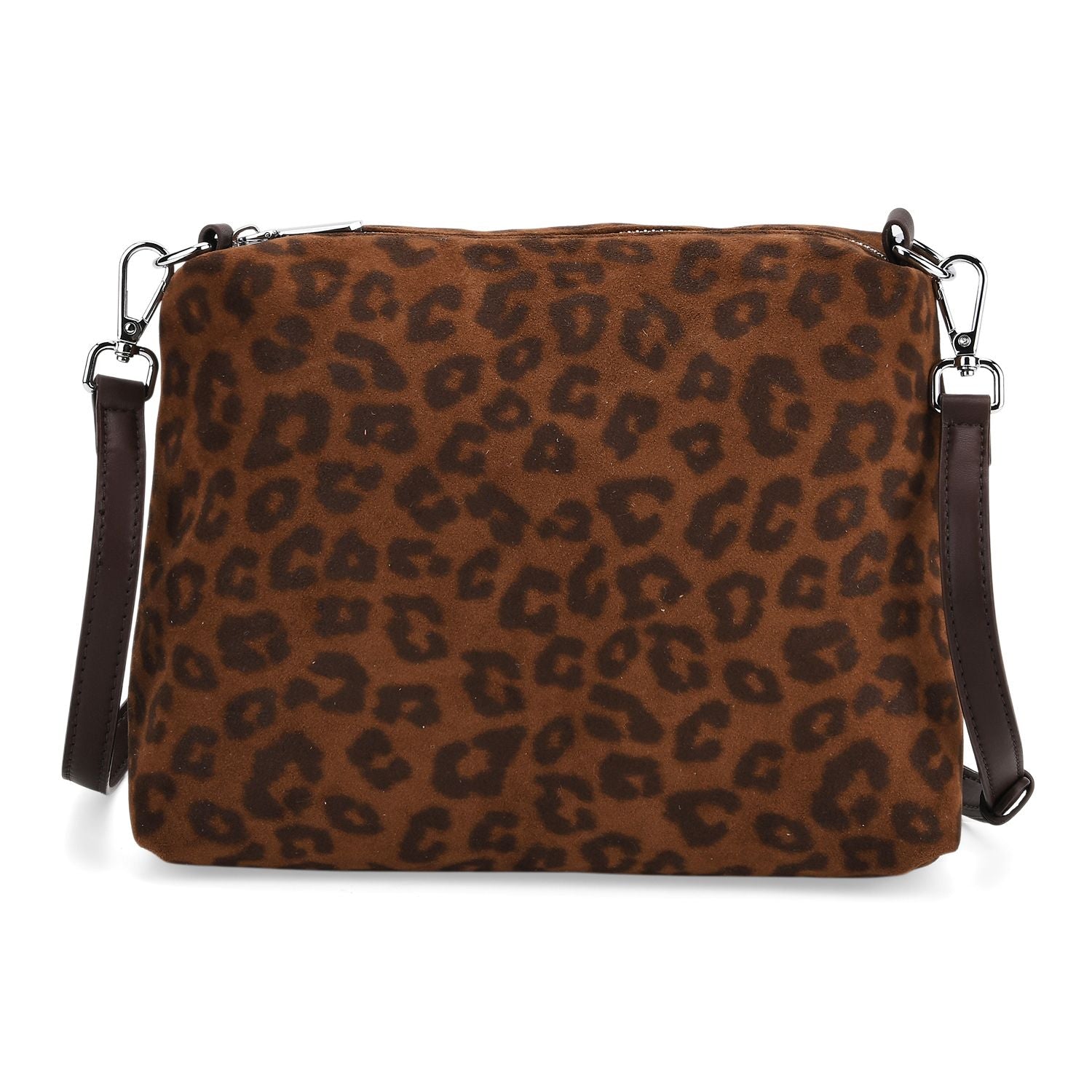 2er-Set Echtleder-Taschen, Shopper und Umhängetasche mit Leopardenmuster und unifarbenem Kontrast, Dunkelkaffee