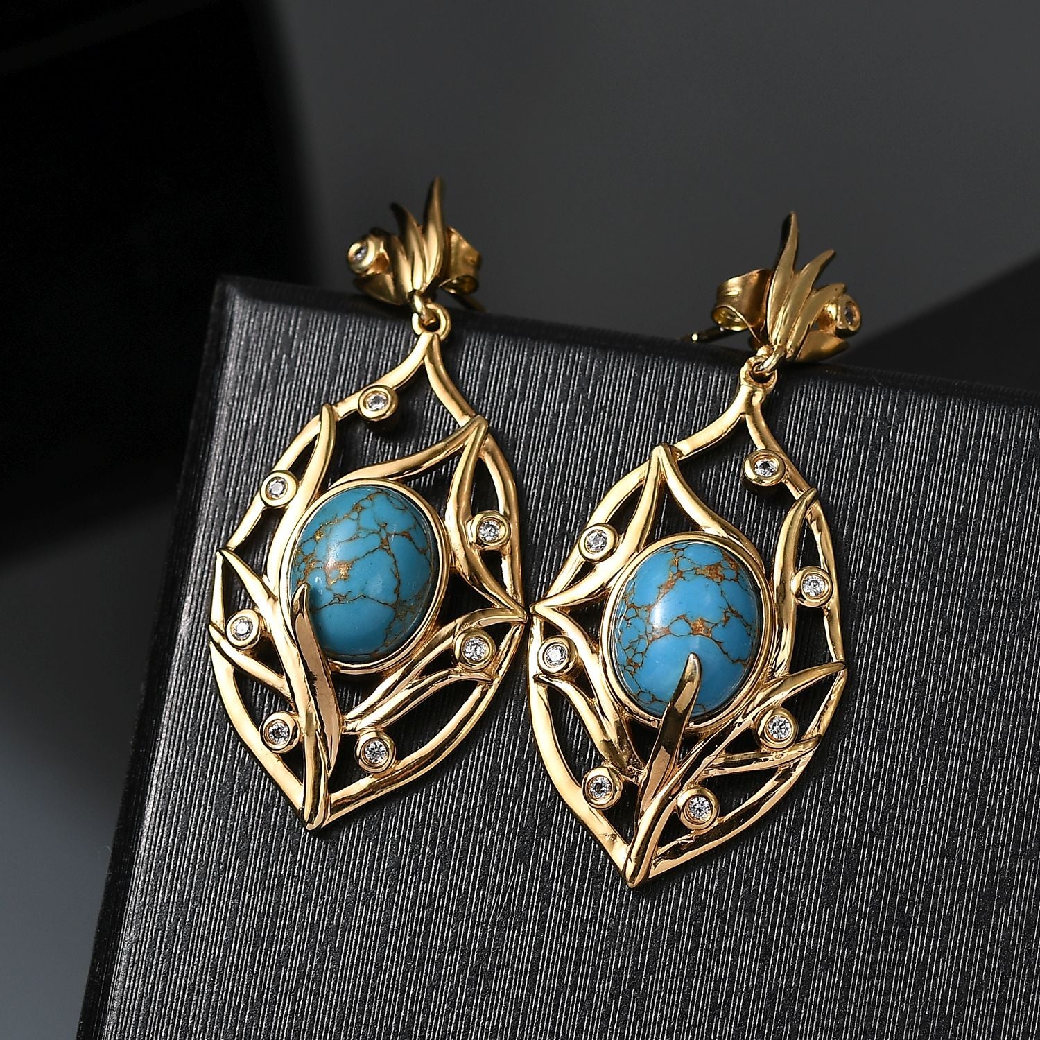 Blaues Türkis, Weißer Zirkon Ohrringe, Messing, goldfarben