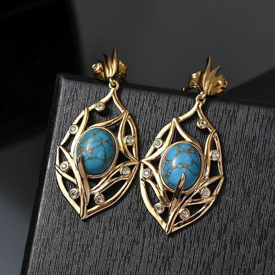 Blaues Türkis, Weißer Zirkon Ohrringe, Messing, goldfarben
