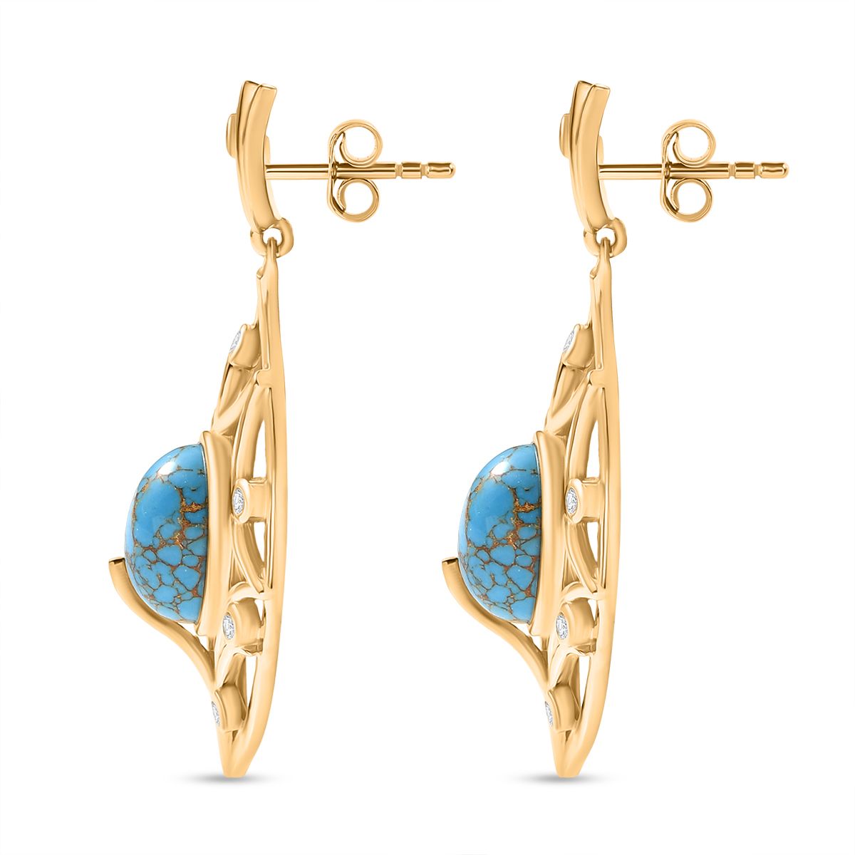 Blaues Türkis, Weißer Zirkon Ohrringe, Messing, goldfarben