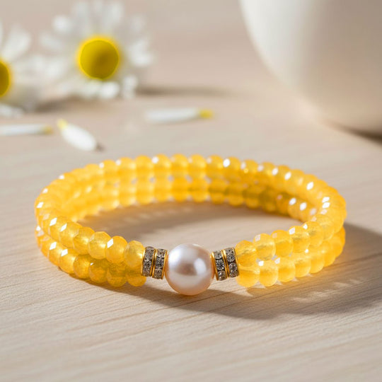 Muschelkernperle (9-11 mm) Armband mit Rosenquarz und Weißem Kristall, flexibel (18-19 cm), Goldfarben
