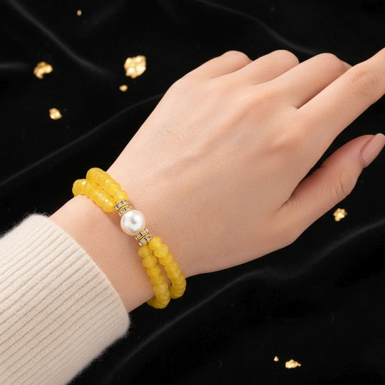 Muschelkernperle (9-11 mm) Armband mit Rosenquarz und Weißem Kristall, flexibel (18-19 cm), Goldfarben