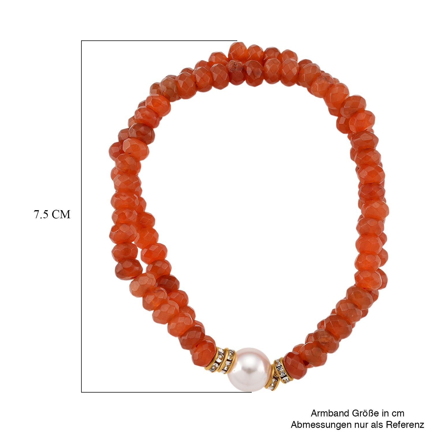 Weiße Muschelkernperle (9-11 mm) Armband mit Orangem Quarzit und Weißem Kristall, flexibel (18-19 cm), Goldfarben