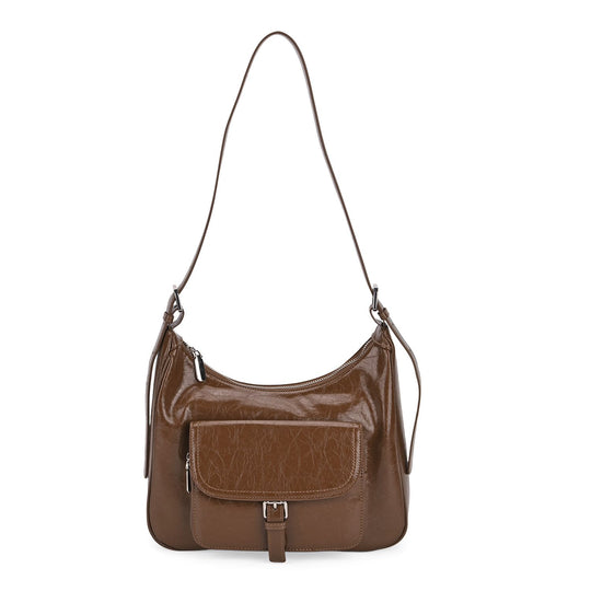 Schultertasche aus Echtleder mit Fronttasche, 28,5x9x25 cm, Schwarz