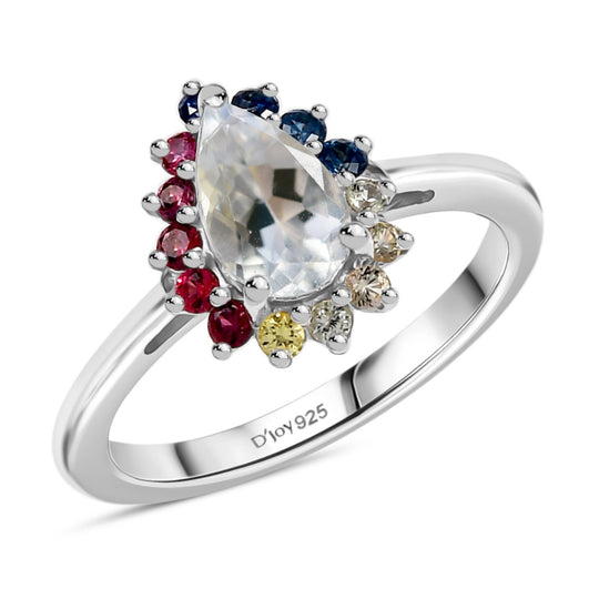 D joy AAA Premium Malagasy Regenbogen Mondstein, Mehrfarbiger Saphir Ring 925 Silber rhodiniert (Größe 20.00) ca. 1.40 ct