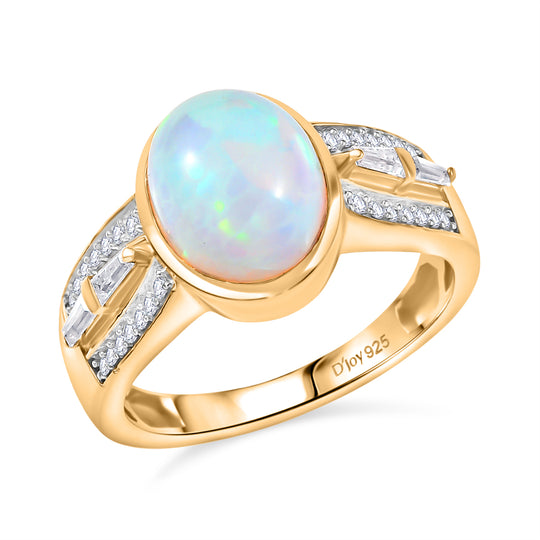 Natürlicher, äthiopischer Welo Opal, Moissanit Ring 925 Silber 750 Gelbgold Vermeil (Größe 20.00) ca. 2,34 ct
