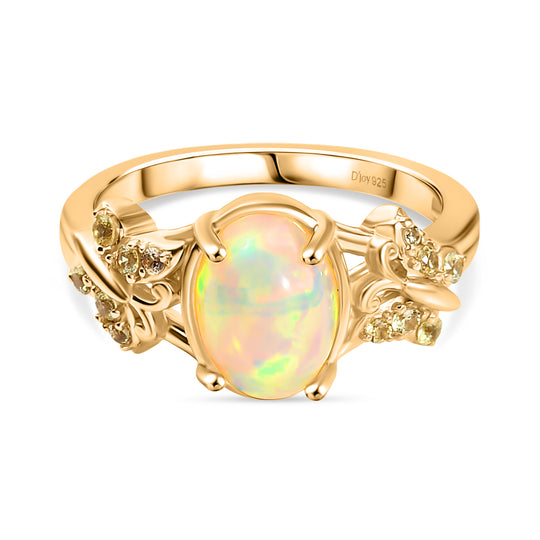 AA Natürlicher, äthiopischer Welo Opal, Gelber Saphir Ring 925 Silber vergoldet (Größe 17.00) ca. 1,44 ct