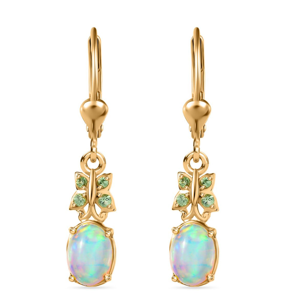 Natürlicher, äthiopischer Welo Opal, Tsavorite Granat Ohrringe 925 Silber vergoldet ca. 1.24 ct