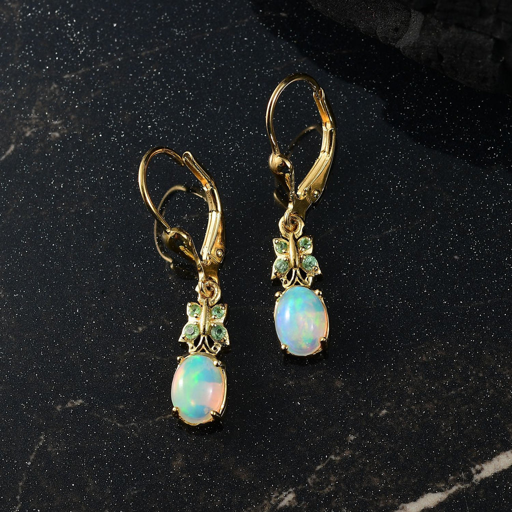 Natürlicher, äthiopischer Welo Opal, Tsavorite Granat Ohrringe 925 Silber vergoldet ca. 1.24 ct