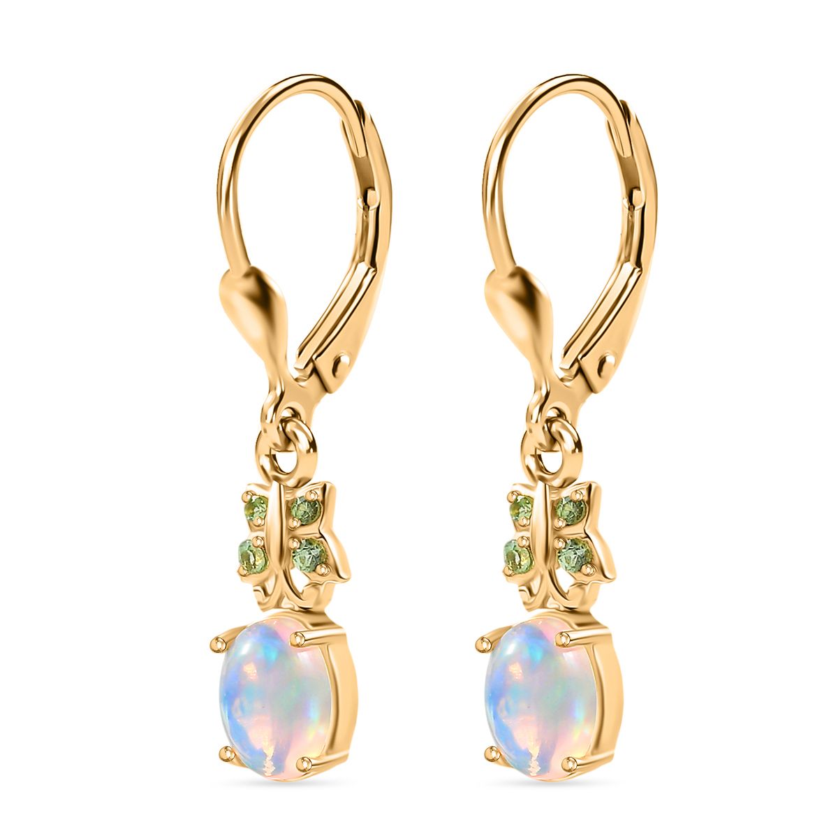Natürlicher, äthiopischer Welo Opal, Tsavorite Granat Ohrringe 925 Silber vergoldet ca. 1.24 ct