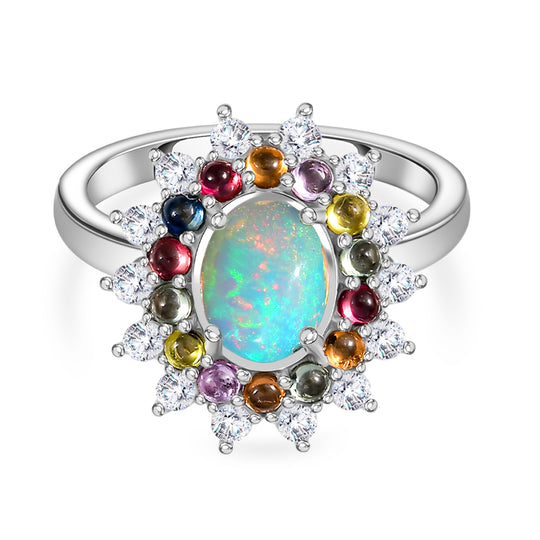 AA Natürlicher, äthiopischer Welo Opal, Mehrfarbiger Saphir Ring 925 Silber rhodiniert (Größe 19.00) ca. 2.41 ct