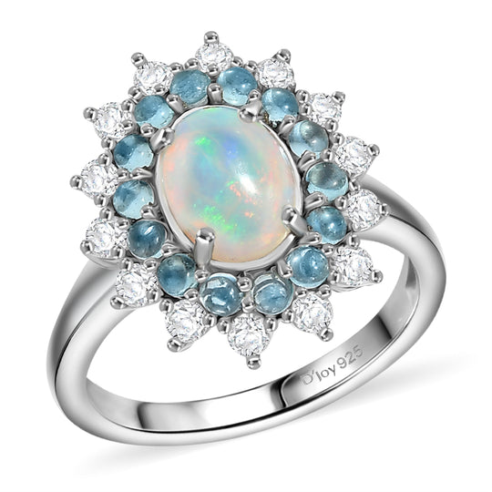 AA Natürlicher, äthiopischer Welo Opal, Weißer Zirkon Ring 925 Silber rhodiniert (Größe 20.00) ca. 2,28 ct