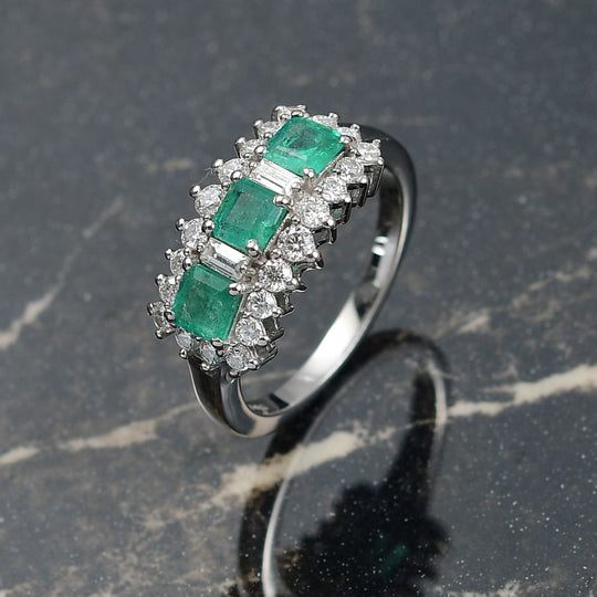 Smaragd, Moissanit Ring 925 Silber rhodiniert (Größe 18.00) ca. 1,62 ct