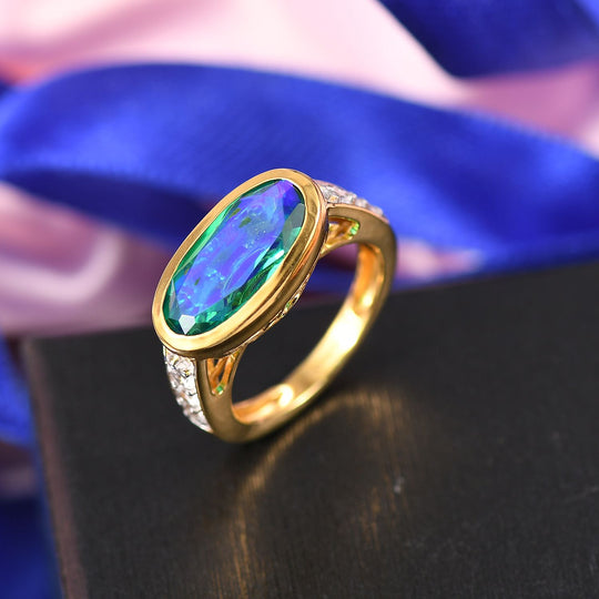 D’joy Pfau Quarz Triplette, Weißer Zirkon Ring 925 Silber 750 Gelbgold Vermeil (Größe 17.00) ca. 5,28 ct