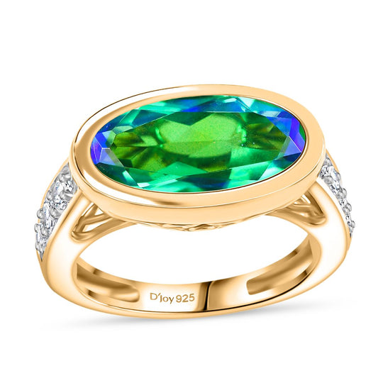 D’joy Pfau Quarz Triplette, Weißer Zirkon Ring 925 Silber 750 Gelbgold Vermeil (Größe 17.00) ca. 5,28 ct
