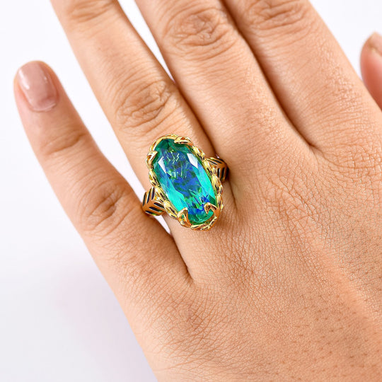 Pfau Quarz Triplette Ring 925 Silber 750 Gelbgold Vermeil (Größe 18.00) ca. 9.69 ct