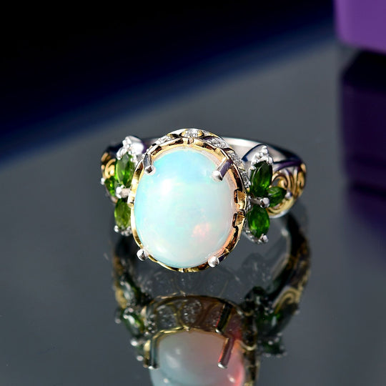 D joy AA Natürlicher, äthiopischer Welo Opal, Natürlicher Chromdiopsid Ring 925 Silber rhodiniert (Größe 20.00) ca. 4.19 ct