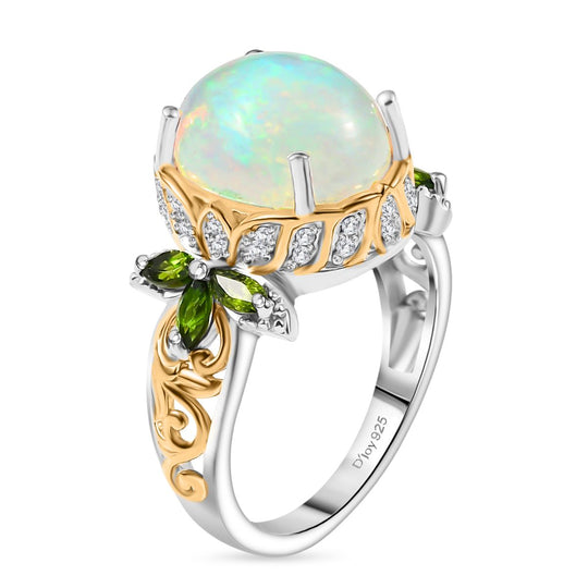 D joy AA Natürlicher, äthiopischer Welo Opal, Natürlicher Chromdiopsid Ring 925 Silber rhodiniert (Größe 20.00) ca. 4.19 ct