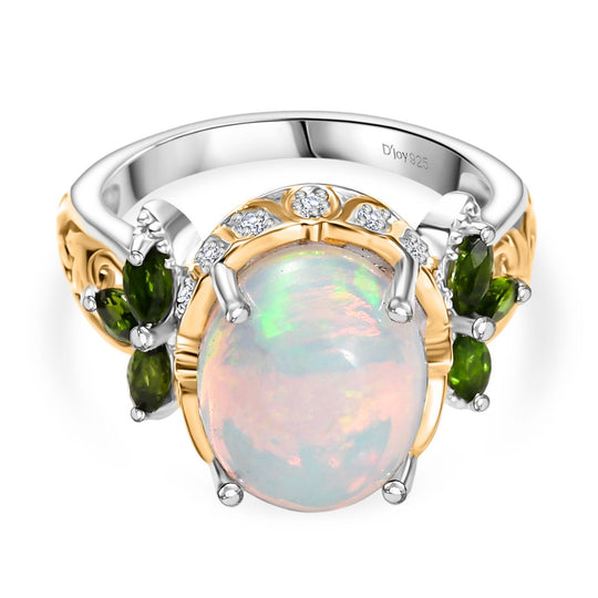D joy AA Natürlicher, äthiopischer Welo Opal, Natürlicher Chromdiopsid Ring 925 Silber rhodiniert (Größe 20.00) ca. 4.19 ct
