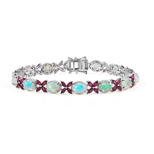 Petals of Dawn - D joy Natürlicher, äthiopischer Welo Opal, Rhodolith Granat Armband ca. 19 cm 925 Silber rhodiniert ca. 12,53 ct.