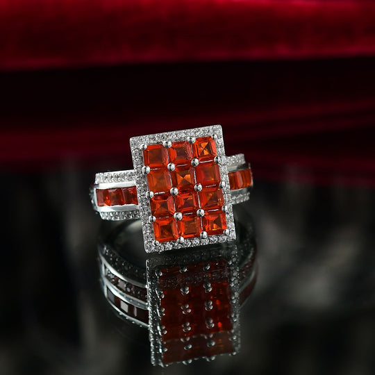Djoy AAA Feueropal Ring mit seltener Asscher Schliff 925 Silber rhodiniert (Größe 20.00) ca. 3.00 ct