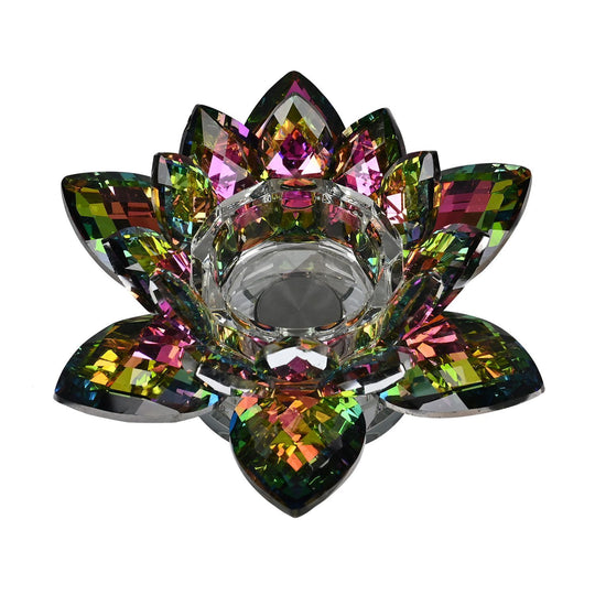 Kristall-Lotus-Teelichthalter - Drehbar,regenbogenfarben schimmernd, 18x7,5 cm