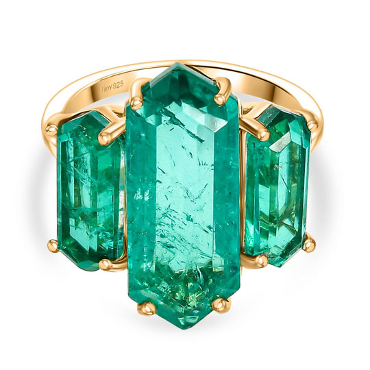 D’joy Smaragd-Quarz Triplette Ring 925 Silber 750 Gelb Vergoldet (Größe 20.00) ca. 11,11 ct