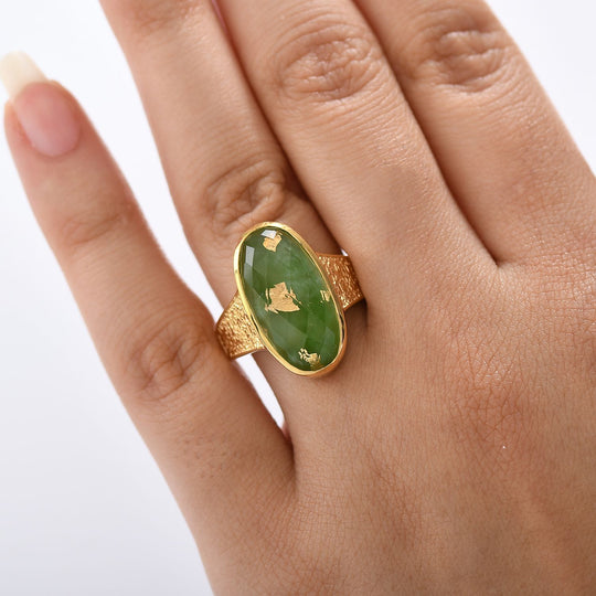 SHOPLC EXKLUSIV D'Joy Grün Blattgold-Quarz Ring 925 Silber 750 Gelbgold Vermeil (Größe 21.00) ca. 11.14 ct