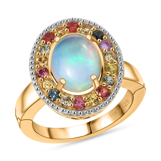 Djoy AA Natürlicher, äthiopischer Welo Opal, Mehrfarbig Saphir Ring 925 Silber 750 Gelbgold Vermeil (Größe 19.00) ca. 2.80 ct